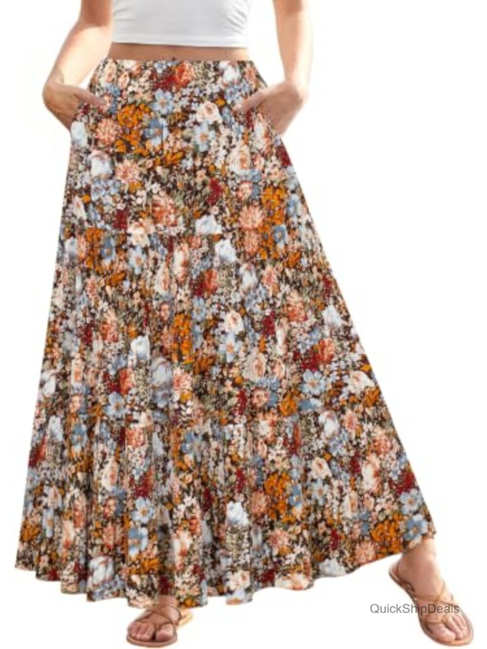 High Waist Pleated Tiered Maxi Skirt A-Line Flowy Long Skirt Pockets